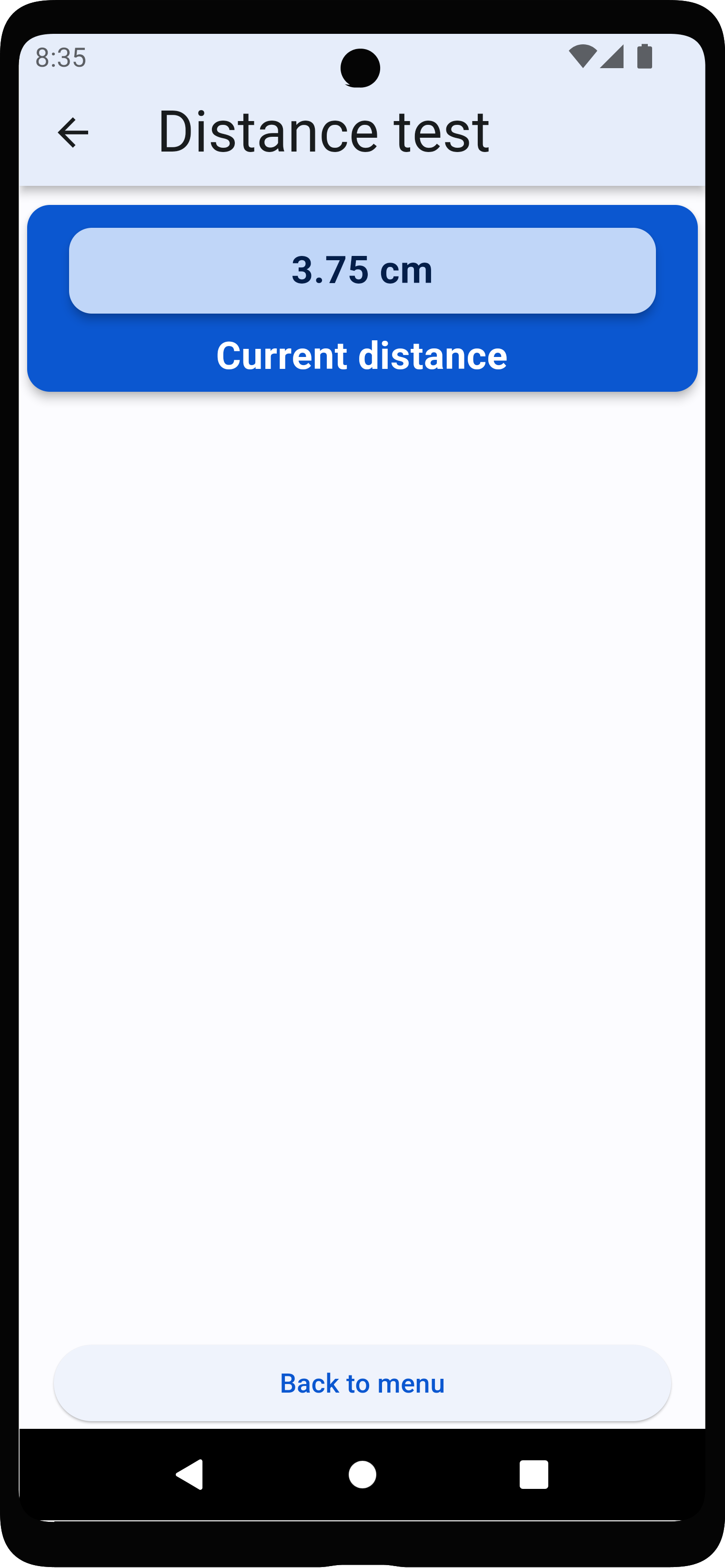 Distance test screen of the proximity sensor test app.